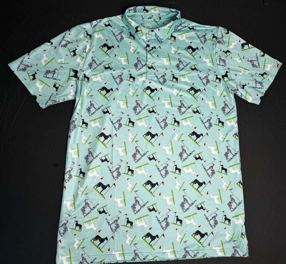 Proud 90 Golf Is Fun Performance Polo Shirt Dog and Golf Club Print Large